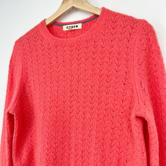 Boden Fluffy Pointelle Knit Sweater Wool Blend Womens Small Coral Crew Neck Soft - Picture 2 of 9